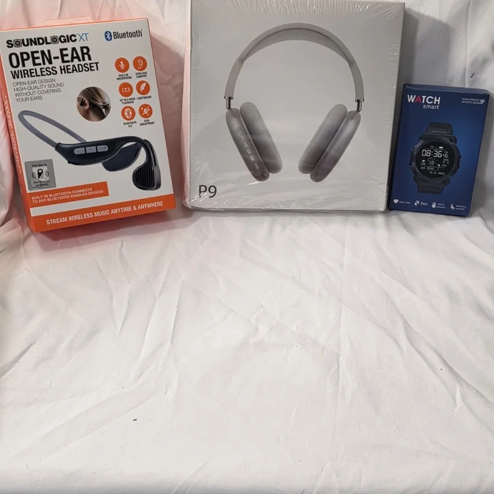 BUNDLE (Grey P9 Wireless Headphones + SoundLogic OpenEar + Black Smart Watch)